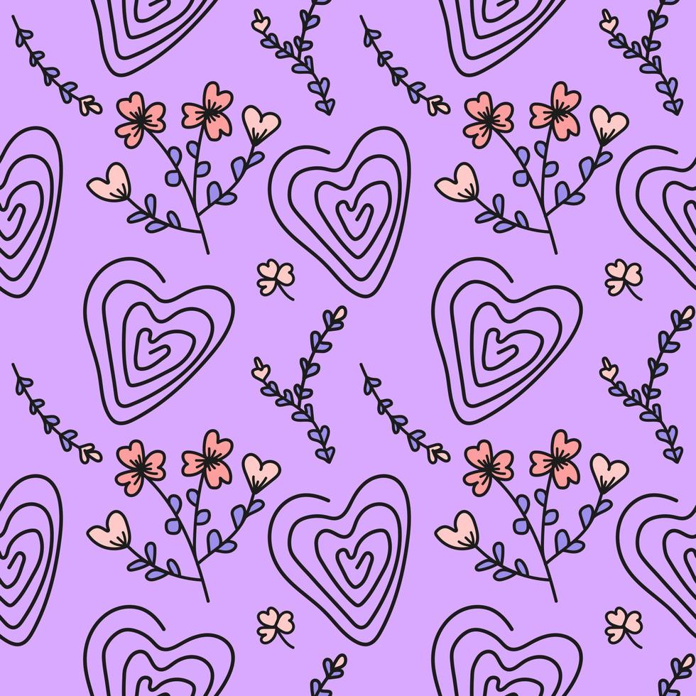 Heart-shaped abstract line pattern and cute floral background design. Seamless Pattern vector illustration. Suitable for valentine's day cards, wrapping paper, textiles