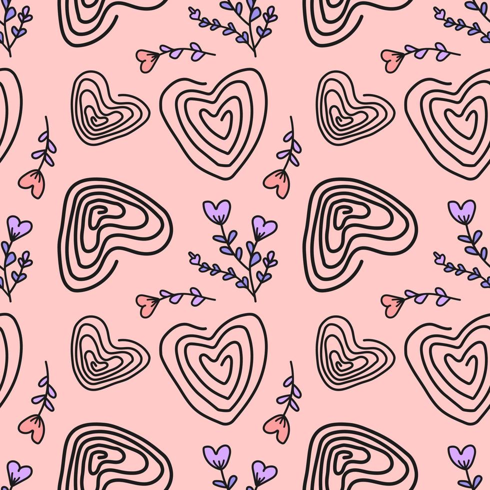 Heart-shaped abstract line pattern and cute floral background design. Seamless Pattern vector illustration. Suitable for valentine's day cards, wrapping paper, textiles