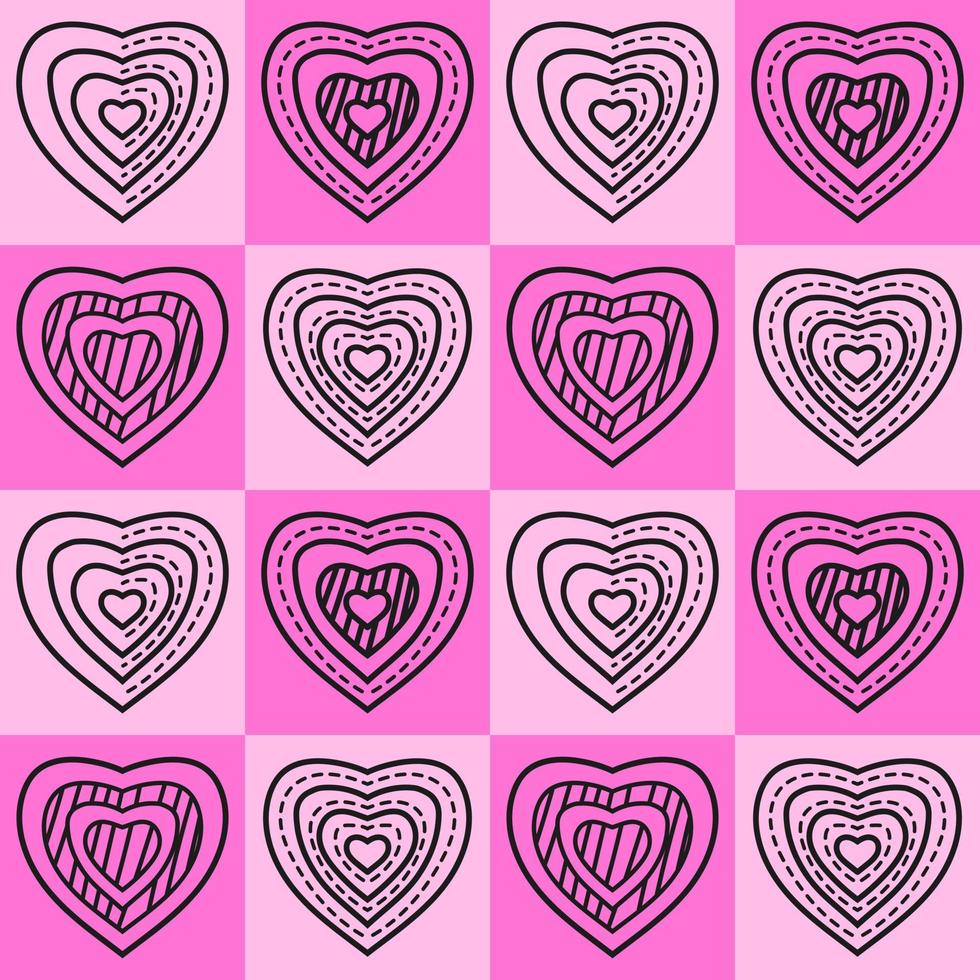Love shape with different hearts on a pink colorful geometric square background design. Seamless Pattern vector illustration. Suitable for valentine's day cards, wrapping paper, textiles