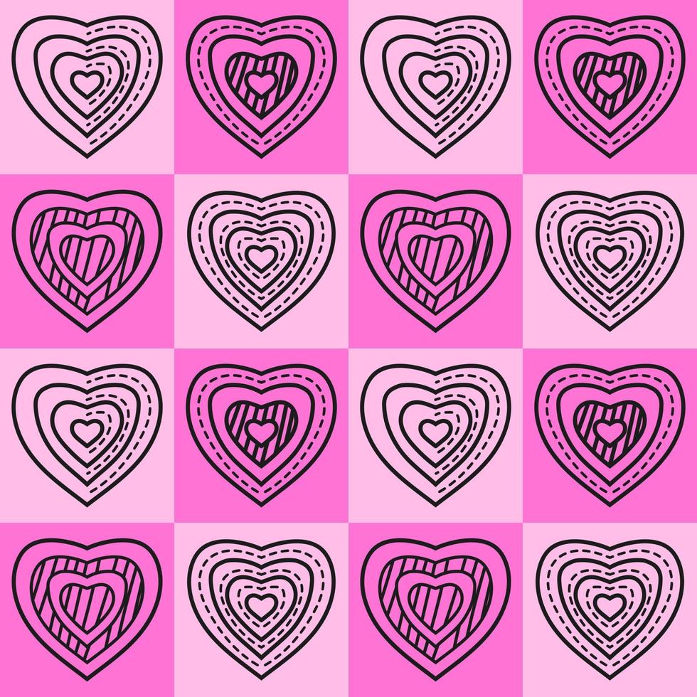 Love shape with different hearts on a pink colorful geometric square background design. Seamless Pattern vector illustration. Suitable for valentine's day cards, wrapping paper, textiles