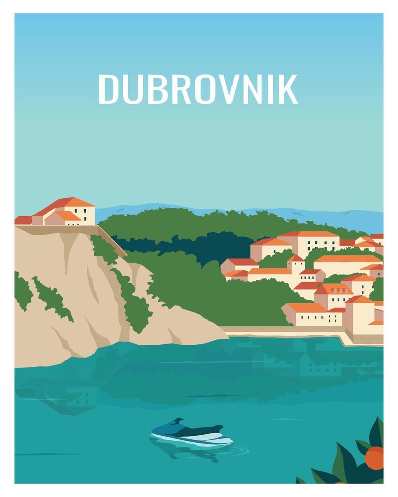 dubrovnik, croacia con casco antiguo, puerto y moto acuática. fondo de ilustración vectorial con estilo coloreado para tarjeta, postal, afiche, impresión. vector