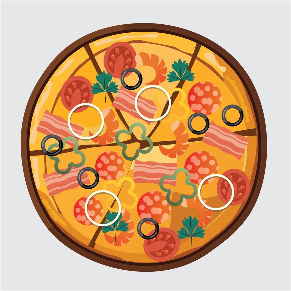 Pizza with salami, olives and tomatoes top view isolated on the white background, vector illustration