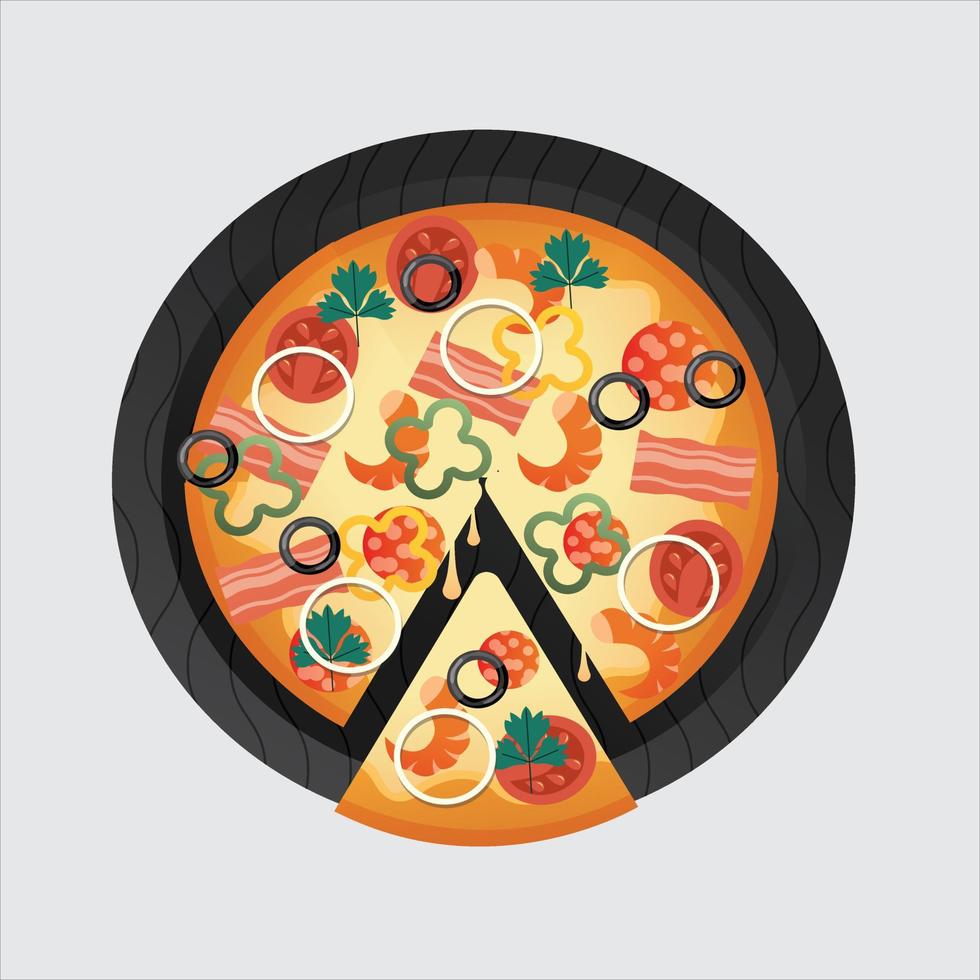 Fresh pizza with tomato, cheese, olive, sausage, onion, basil. Traditional italian fast food. Top view meal. European snack. Isolated white background. EPS10 vector illustration.