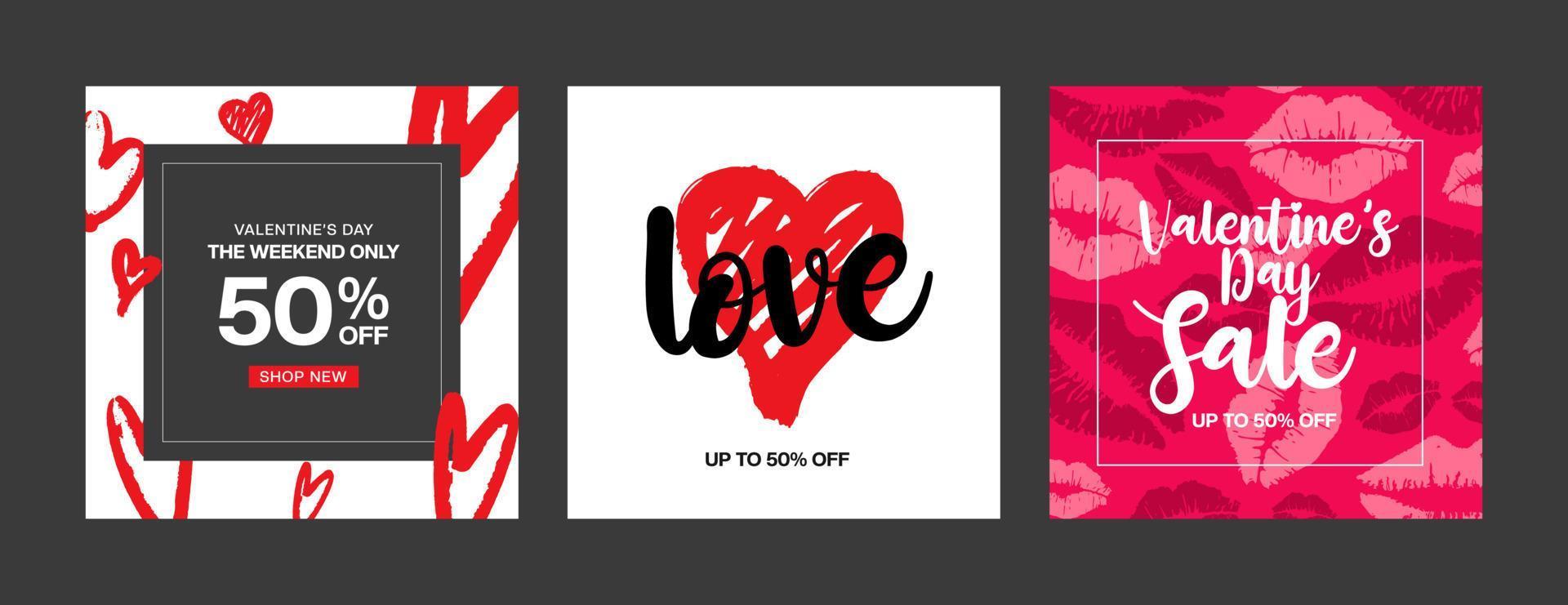 Hand drawn style valentines day sale post set vector