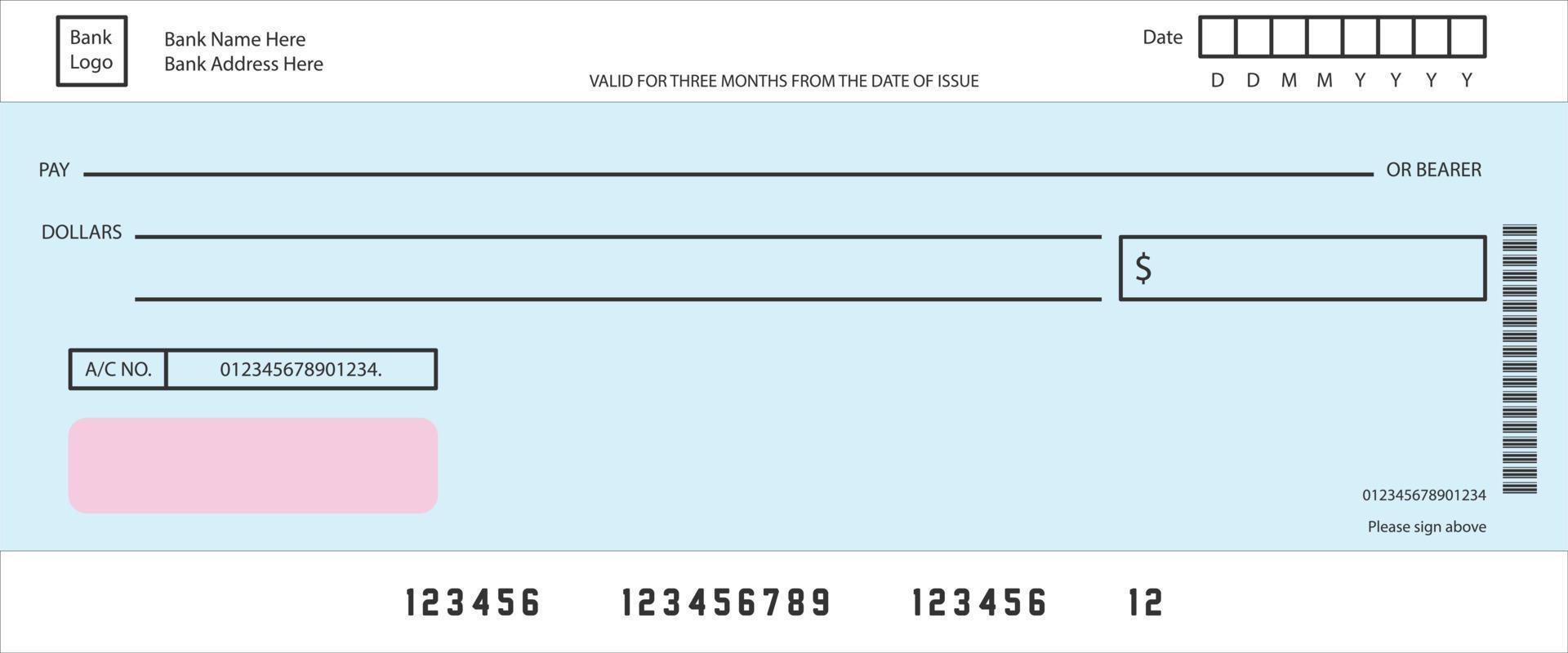 Ilustración de plantilla de diseño de cheque bancario en blanco vectorial eps10. vector azul de cheque bancario vacío.