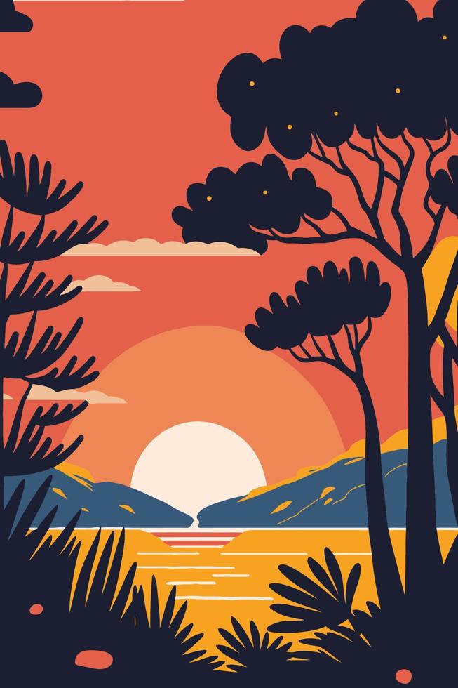 Colorful sunset on the ocean background in flat color vector flat color