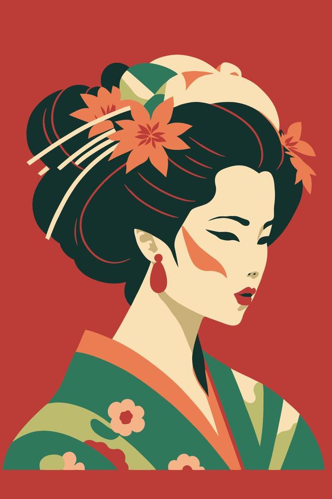 portrait japanese geisha in kimono, japan woman in traditional floral ornament vector