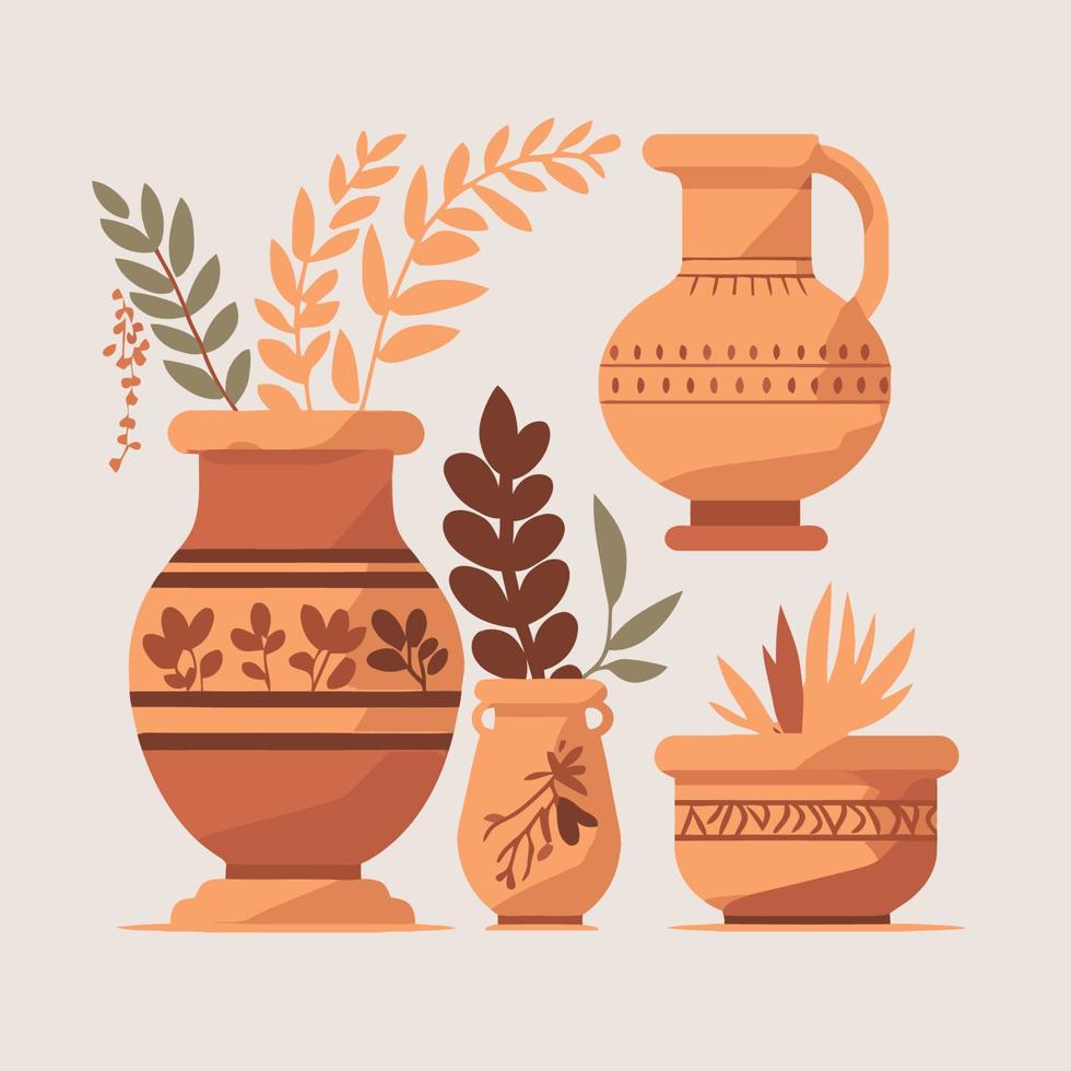 Abstract bohemian art aesthetic set of pottery and ceramic pots, vases with leafs, plants, flowers vector