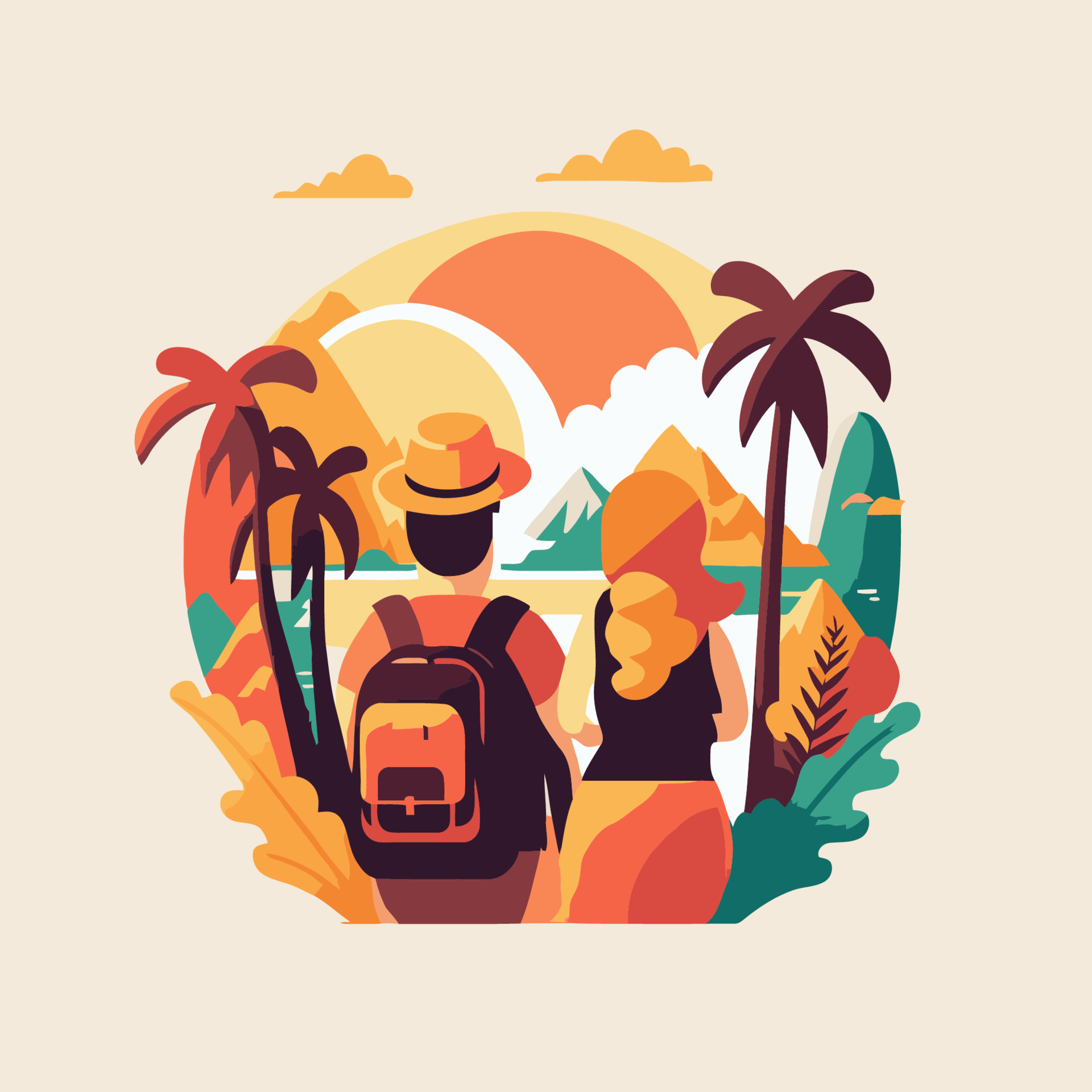 Traveling Couple Logo Going To Go On Vacation Concept Illustration traveling-couple-logo-going-to-go-on-vacation-concept-illustration