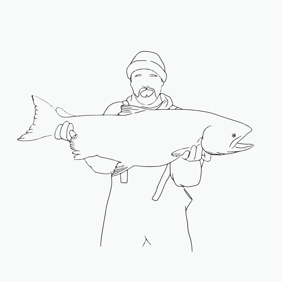 Fisher Line Art, Fisherman Fishing , Fish, Outline Drawing, Simple Sketch, Minimalist Male Illustration, Graphic Design vector