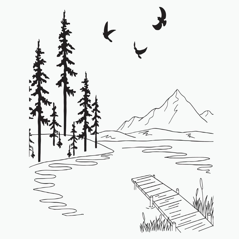 arte de línea de paisaje, dibujo de contorno de montaña, boceto simple, archivo vectorial, lago de paisaje, diseño de bosque, ilustración vector