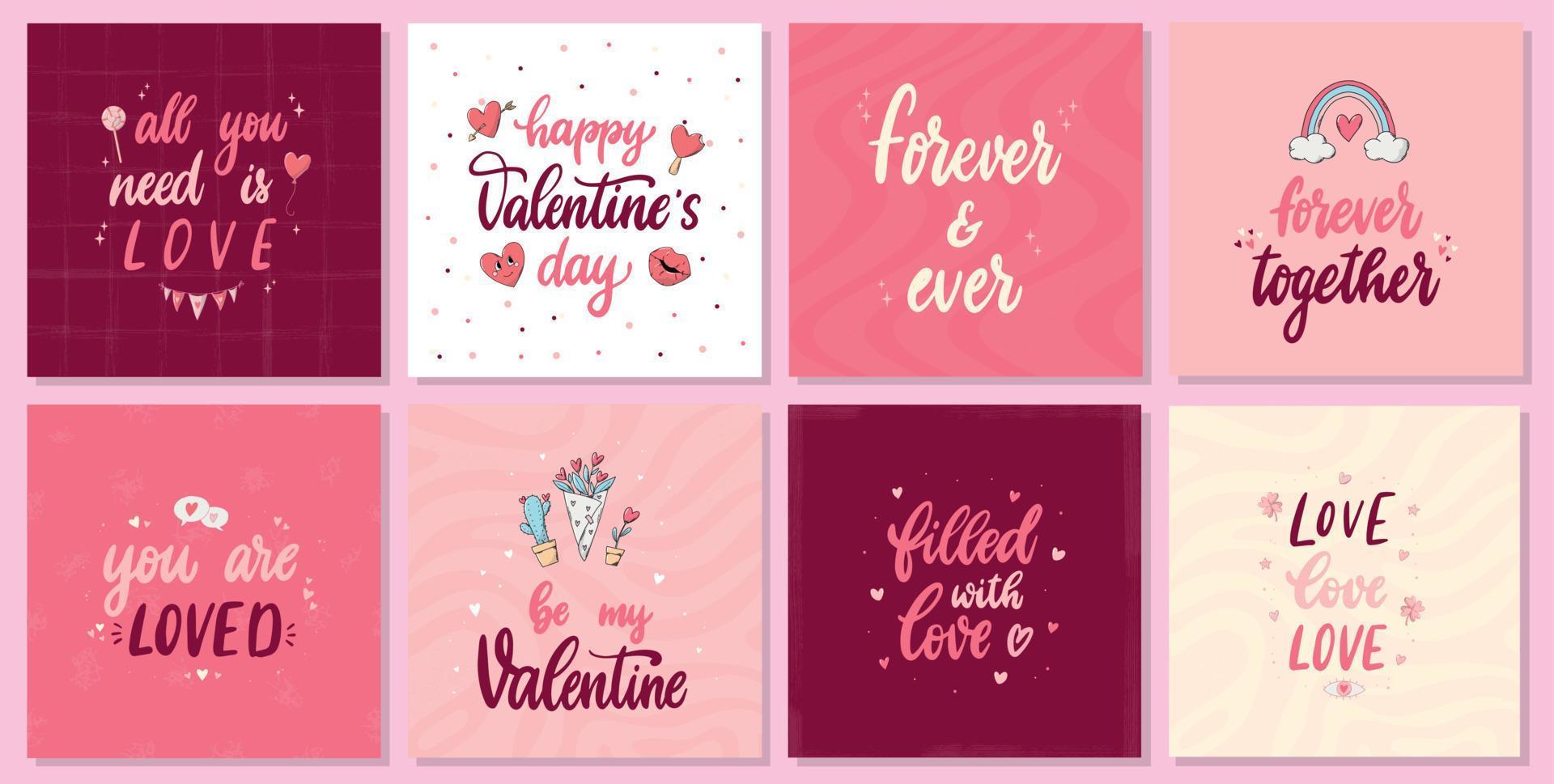 conjunto de 8 tarjetas de san valentín, afiches, impresiones, invitaciones decoradas con citas de letras y garabatos. eps 10 vector