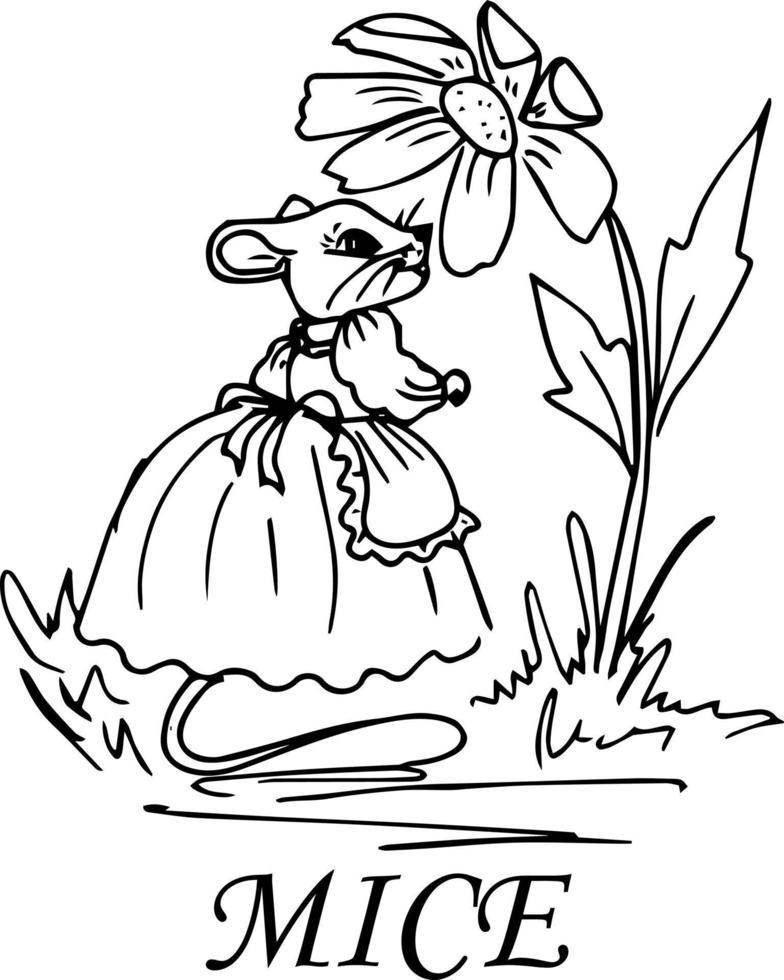 A mouse with roughs and flowers. Doodle style .Children's illustration coloring book. vector