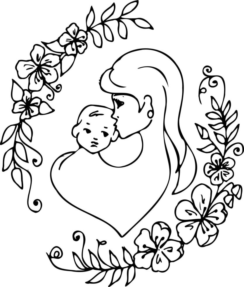 Happy family Mom and baby in flowers. A group of happy people together. vector