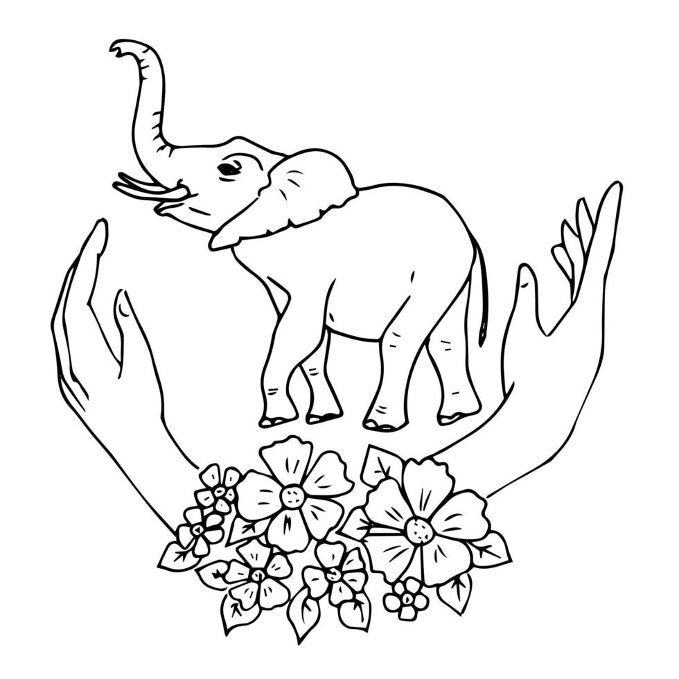 Cute animals elephant family drawing doodle style. Ecology animal protection logo. vector