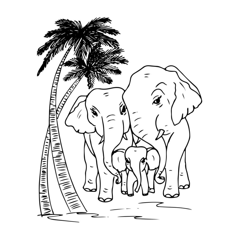 Cute animals elephant family drawing doodle style. Ecology animal protection logo. vector