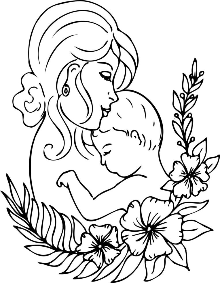 Happy family Mom and baby in flowers. A group of happy people together. vector