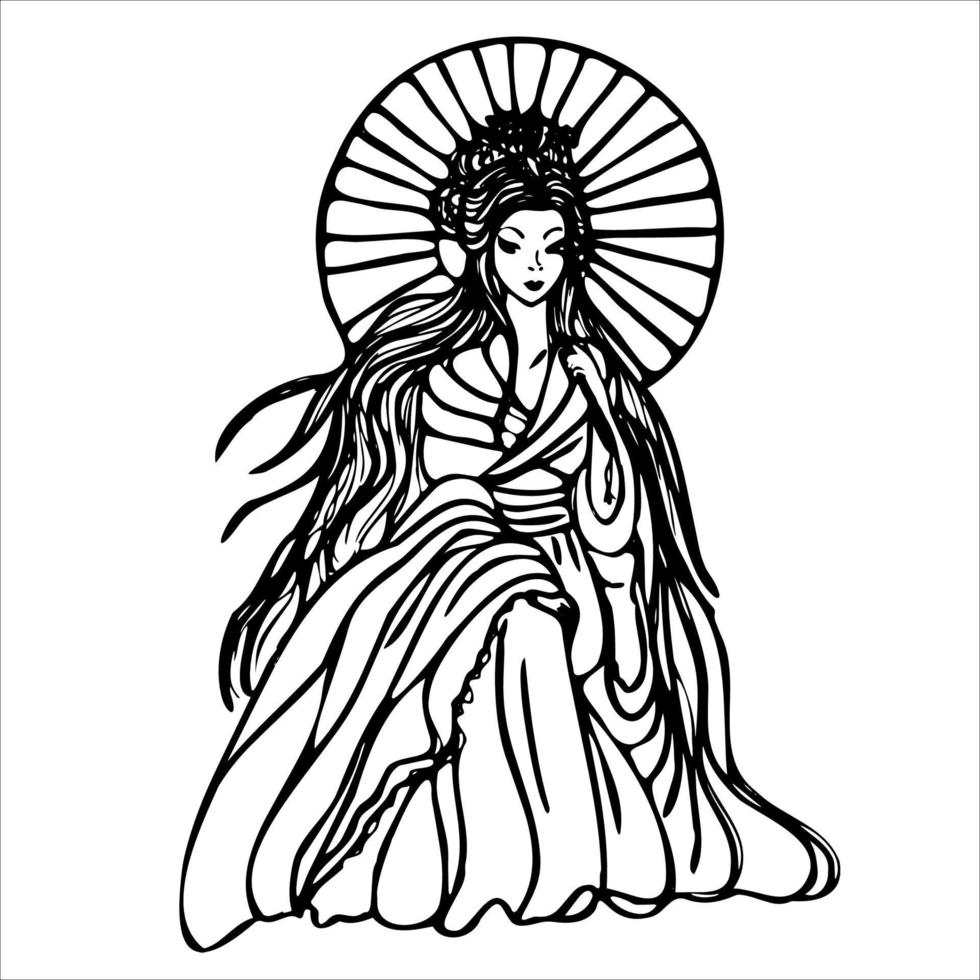 Asia girl in sakura and bamboo. Japan traditions of the east. Spa elements for the logo .Drawing doodle style. vector