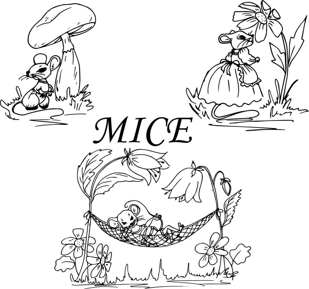 A mouse with roughs and flowers. Doodle style .Children's illustration coloring book. vector