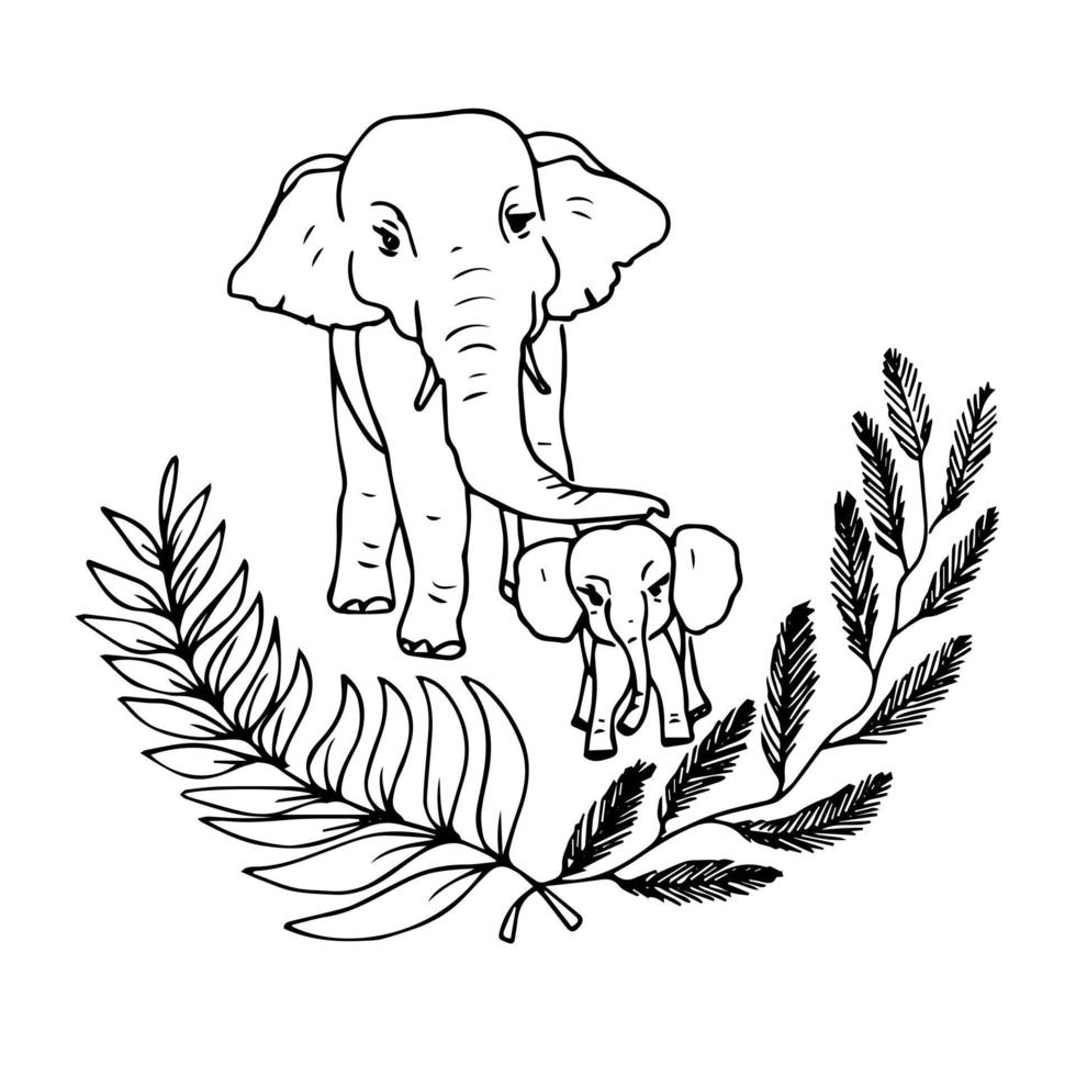 Cute animals elephant family drawing doodle style. Ecology animal protection logo. vector