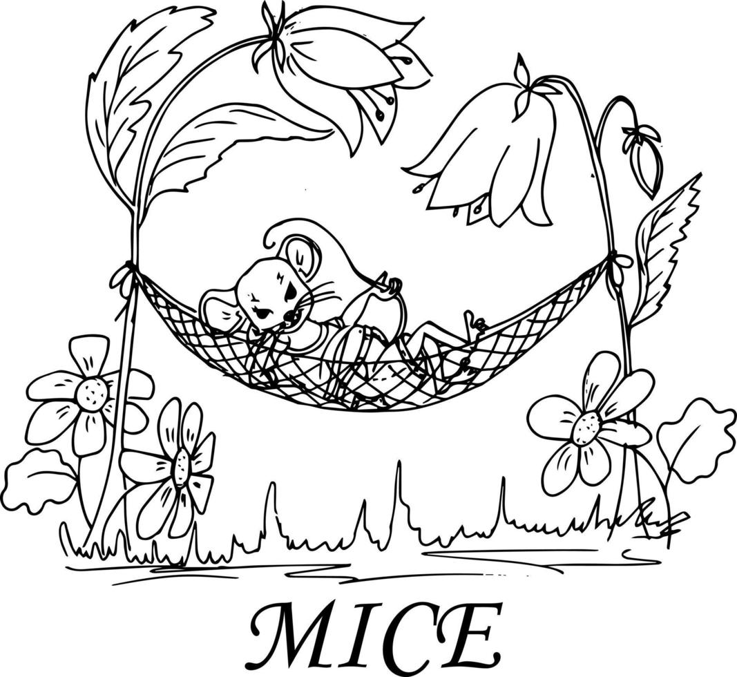 A mouse with roughs and flowers. Doodle style .Children's illustration coloring book. vector
