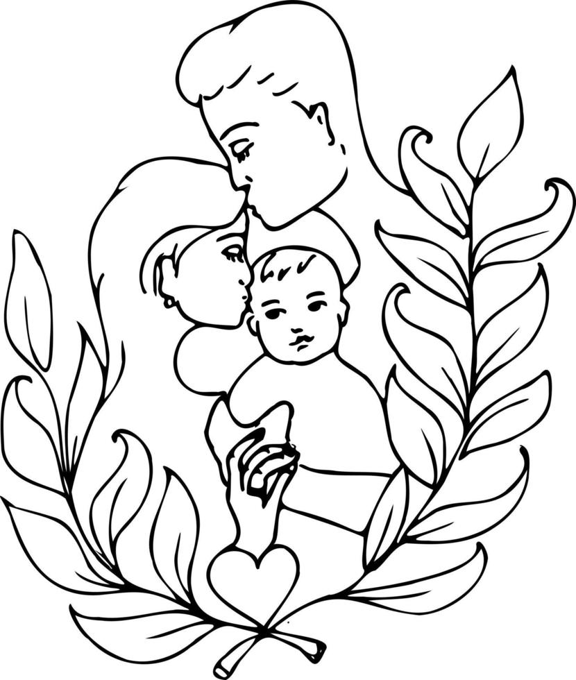 Happy family Mom and baby in flowers. A group of happy people together. vector