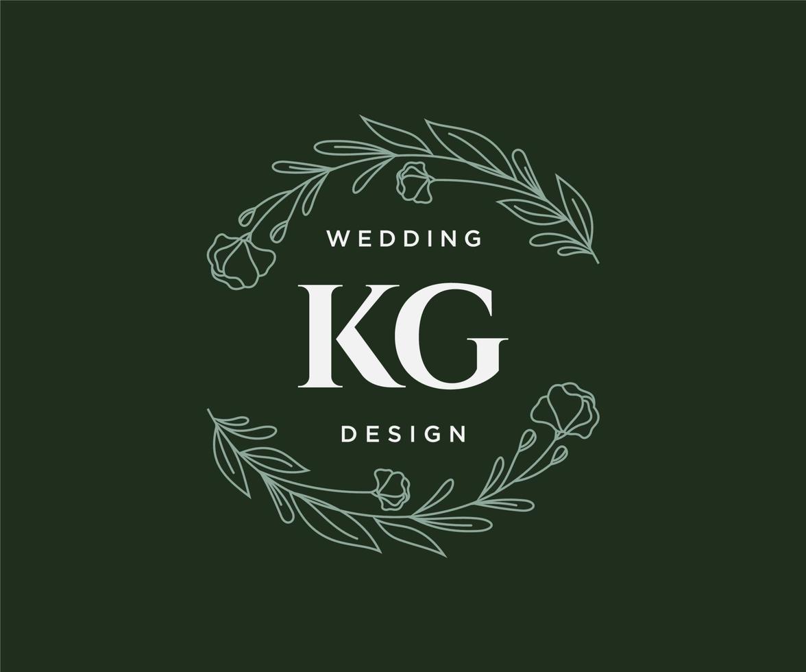 Colección de logotipos de monograma de boda con letras iniciales kg, plantillas florales y minimalistas modernas dibujadas a mano para tarjetas de invitación, guardar la fecha, identidad elegante para restaurante, boutique, café en vector