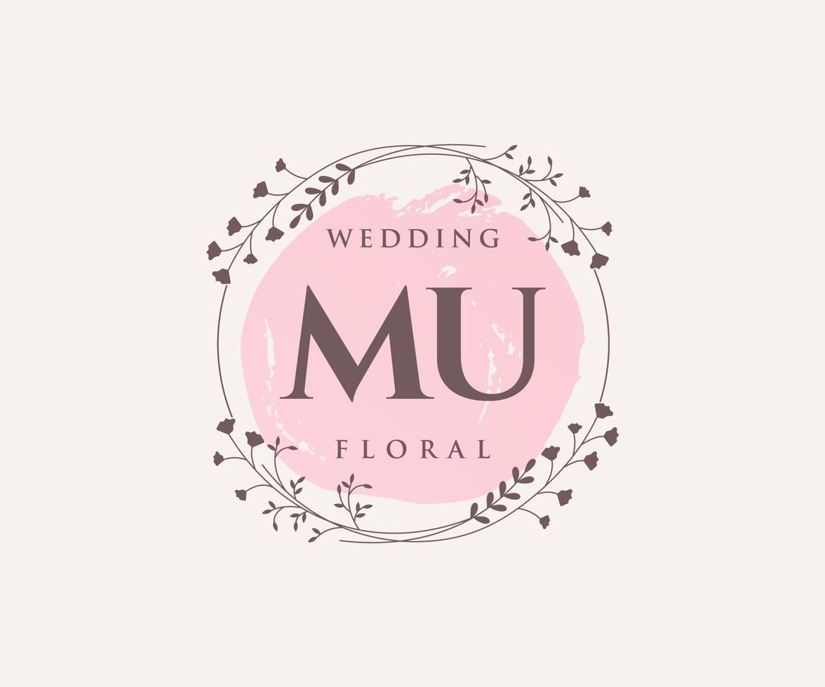MU Initials letter Wedding monogram logos template, hand drawn modern minimalistic and floral templates for Invitation cards, Save the Date, elegant identity. vector