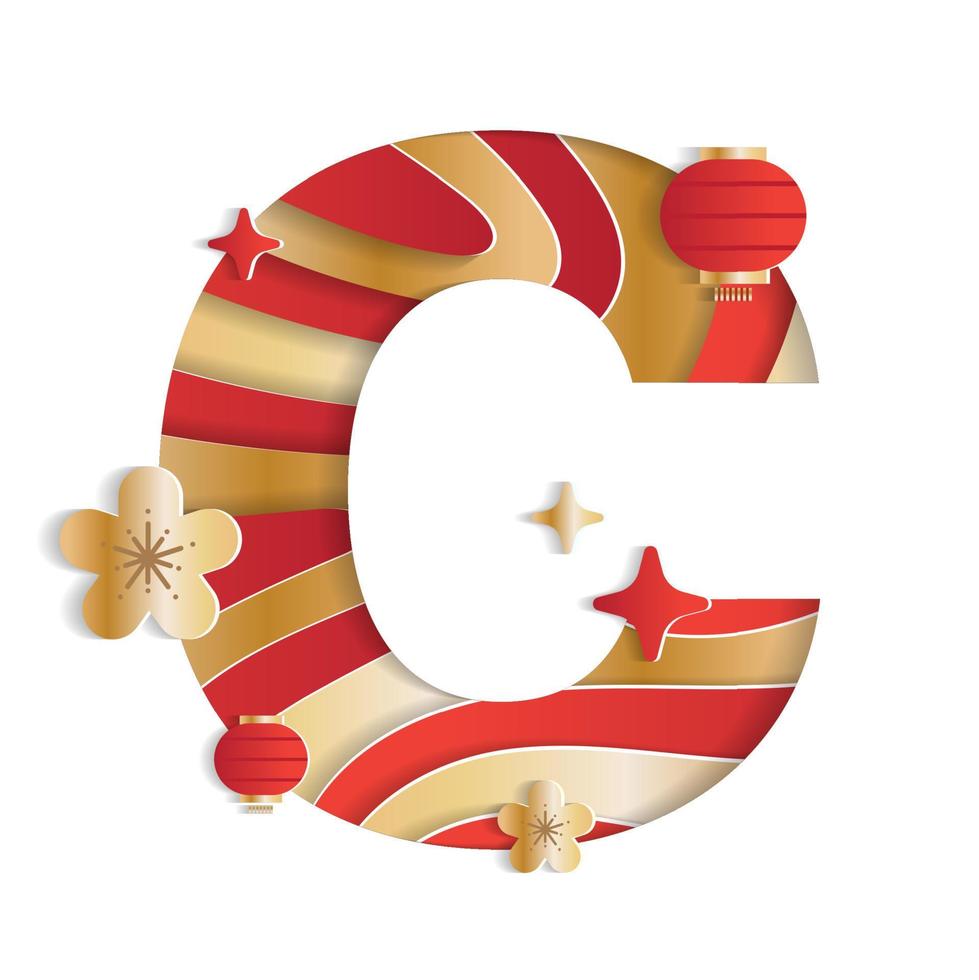 Letter C Alphabet Font Chinese New Year Concept Character Font Letter Abstract Paper Flower Lantern Lunar Festival Element Sparkle Gradient Red Gold 3D Paper Layer Cutout Card Vector Illustration