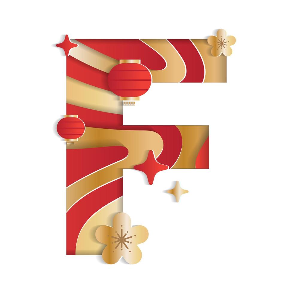 Letter F Alphabet Font Chinese New Year Concept Character Font Letter Abstract Paper Flower Lantern Lunar Festival Element Sparkle Gradient Red Gold 3D Paper Layer Cutout Card Vector Illustration