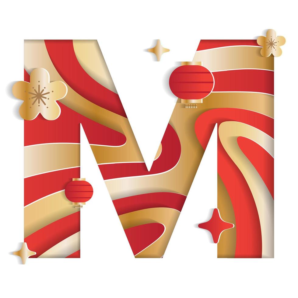 Letter M Alphabet Font Chinese New Year Concept Character Font Letter Abstract Paper Flower Lantern Lunar Festival Element Sparkle Gradient Red Gold 3D Paper Layer Cutout Card Vector Illustration