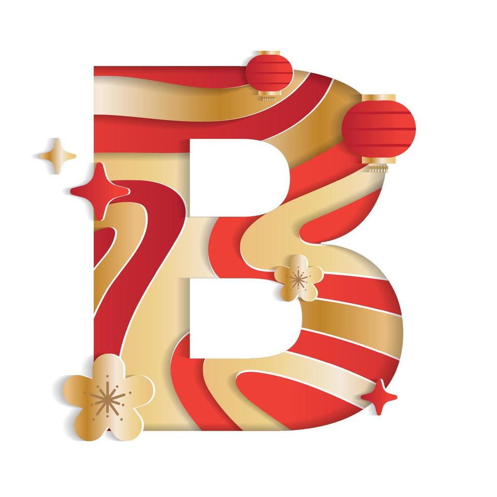 Letter B Alphabet Font Chinese New Year Concept Character Font Letter Abstract Paper Flower Lantern Lunar Festival Element Sparkle Gradient Red Gold 3D Paper Layer Cutout Card Vector Illustration