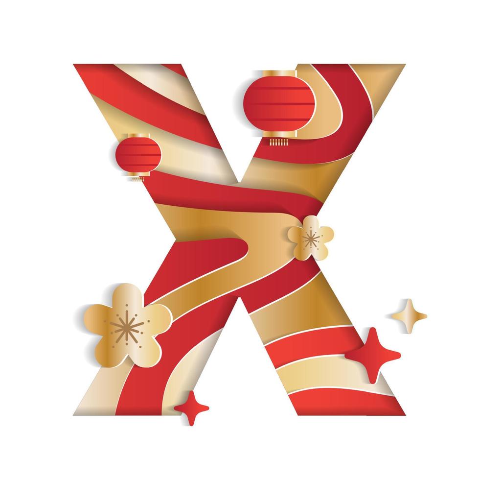Letter X Alphabet Font Chinese New Year Concept Character Font Letter Abstract Paper Flower Lantern Lunar Festival Element Sparkle Gradient Red Gold 3D Paper Layer Cutout Card Vector Illustration