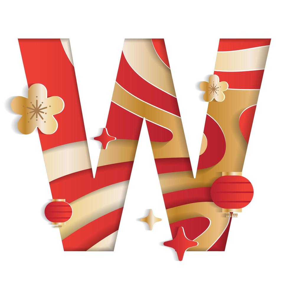 Letter W Alphabet Font Chinese New Year Concept Character Font Letter Abstract Paper Flower Lantern Lunar Festival Element Sparkle Gradient Red Gold 3D Paper Layer Cutout Card Vector Illustration