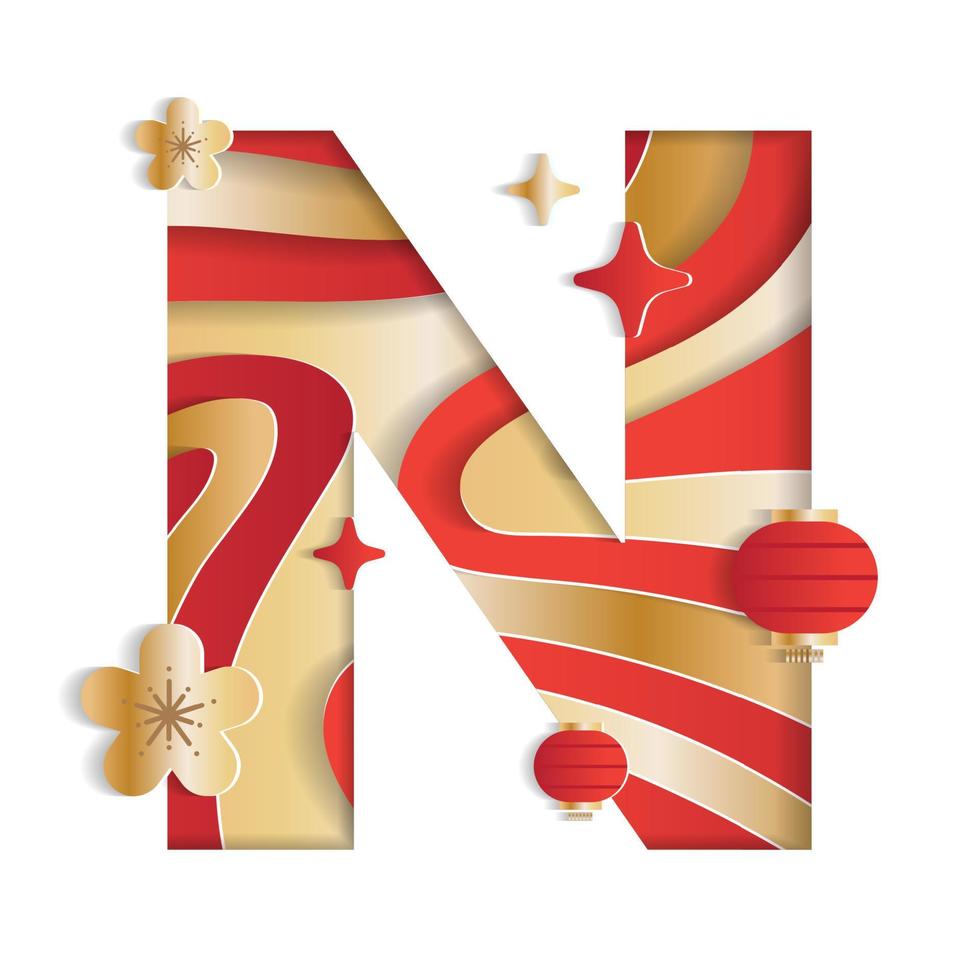 Letter N Alphabet Font Chinese New Year Concept Character Font Letter Abstract Paper Flower Lantern Lunar Festival Element Sparkle Gradient Red Gold 3D Paper Layer Cutout Card Vector Illustration