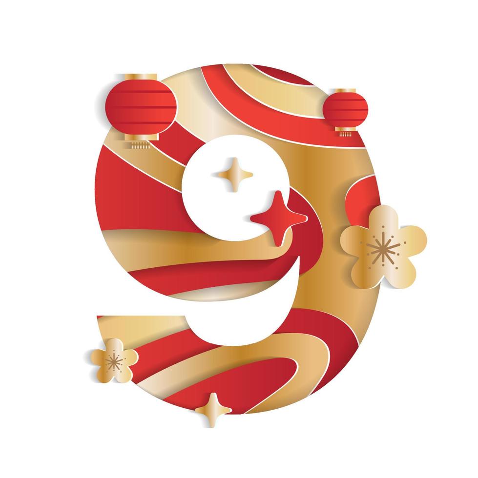 9 Numeric Number Chinese New Year Concept Character Font Letter Abstract Paper Flower Lantern Lunar Festival Element Sparkle Shine Gradient Gold Red 3D Paper Layer Cutout Card Vector Illustration