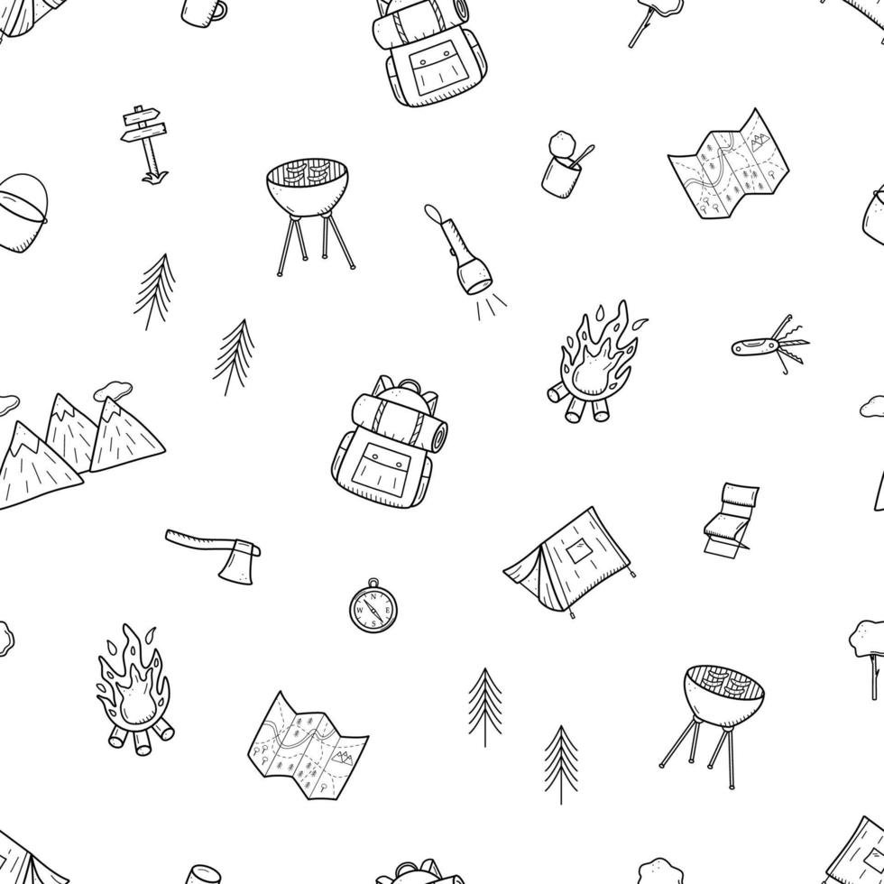 conjunto de iconos de doodle de camping de patrones sin fisuras. ilustración vectorial de elementos de senderismo. vector