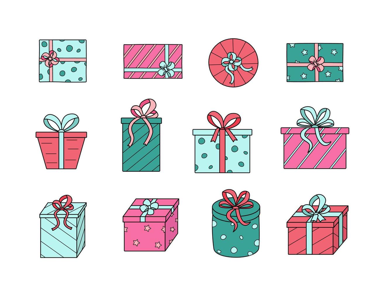 Gift boxes with bows. Vector illustration of colored icons of a festive present in a package. Isolated on white, a set of boxes in wrapping paper.