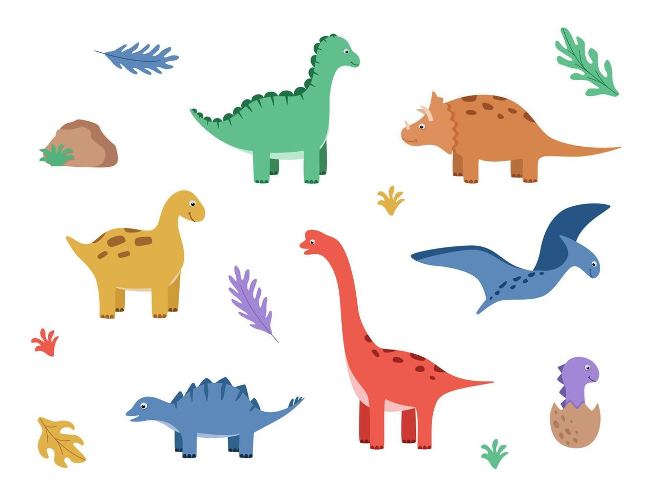 Cartoon set of funny dinosaurs. Vector illustration of cute dinosaur characters