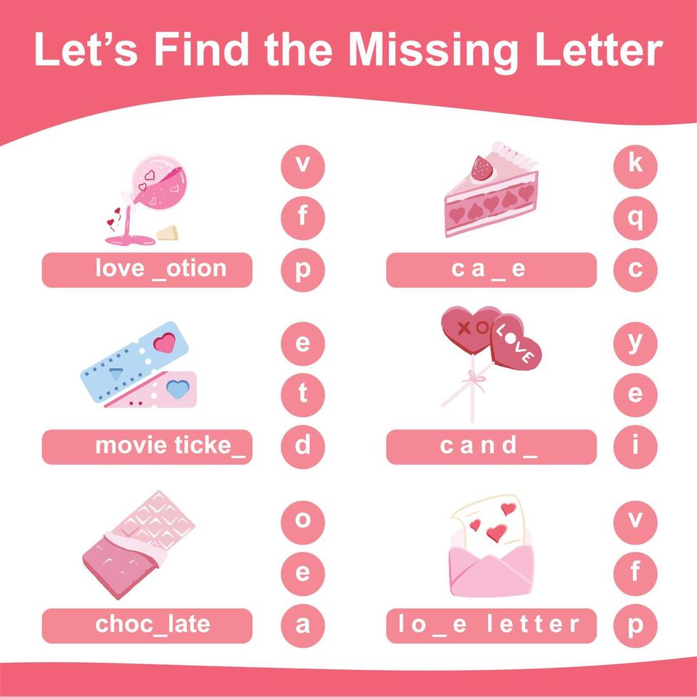 Missing letter worksheet. Kids educational game. Worksheet for preschool. Writing practice with valentine theme. Vector file.