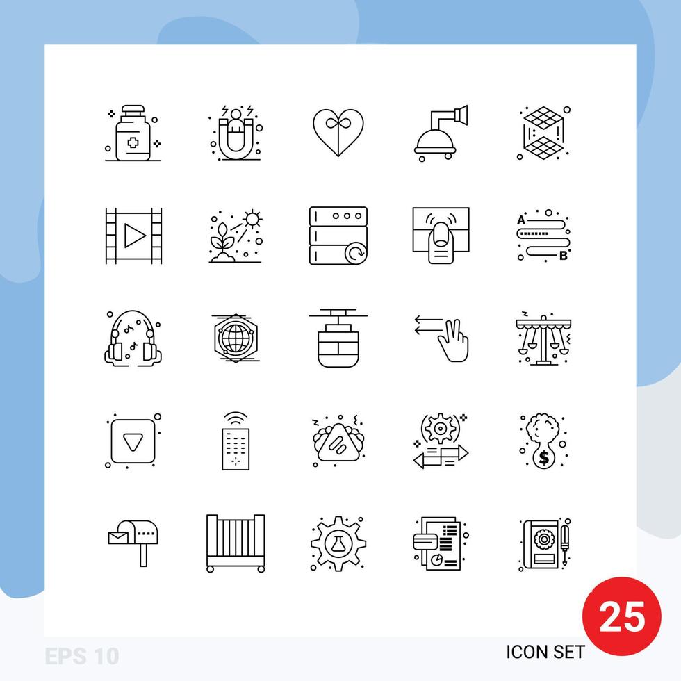 User Interface Pack of 25 Basic Lines of media printing heart cube clean Editable Vector Design Elements