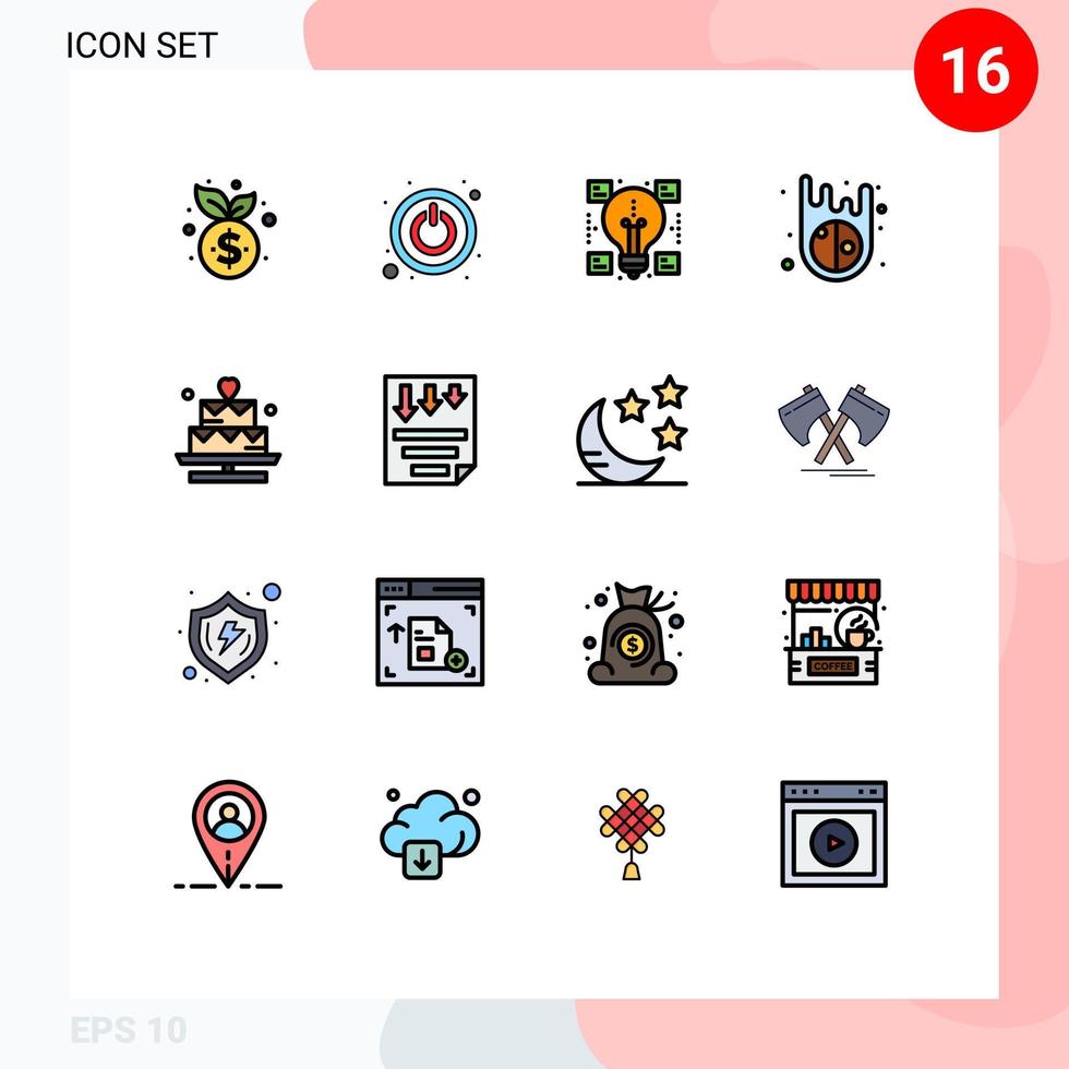 Pack of 16 creative Flat Color Filled Lines of valentine heart ideas cake asteroid Editable Creative Vector Design Elements