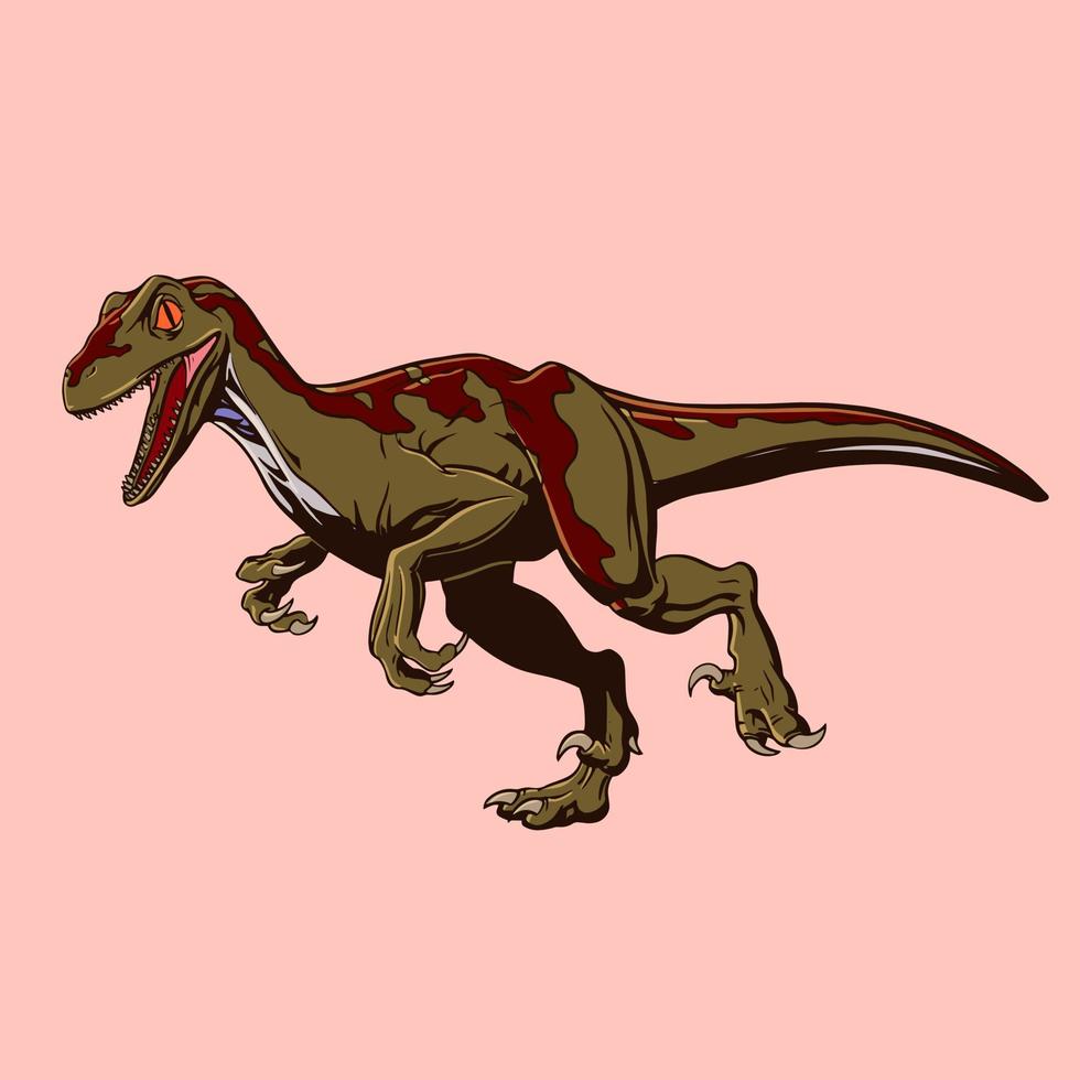 Colored dinosaur Raptor drawn in cartoon style. Attacking predator in pop art style. Vector illustration