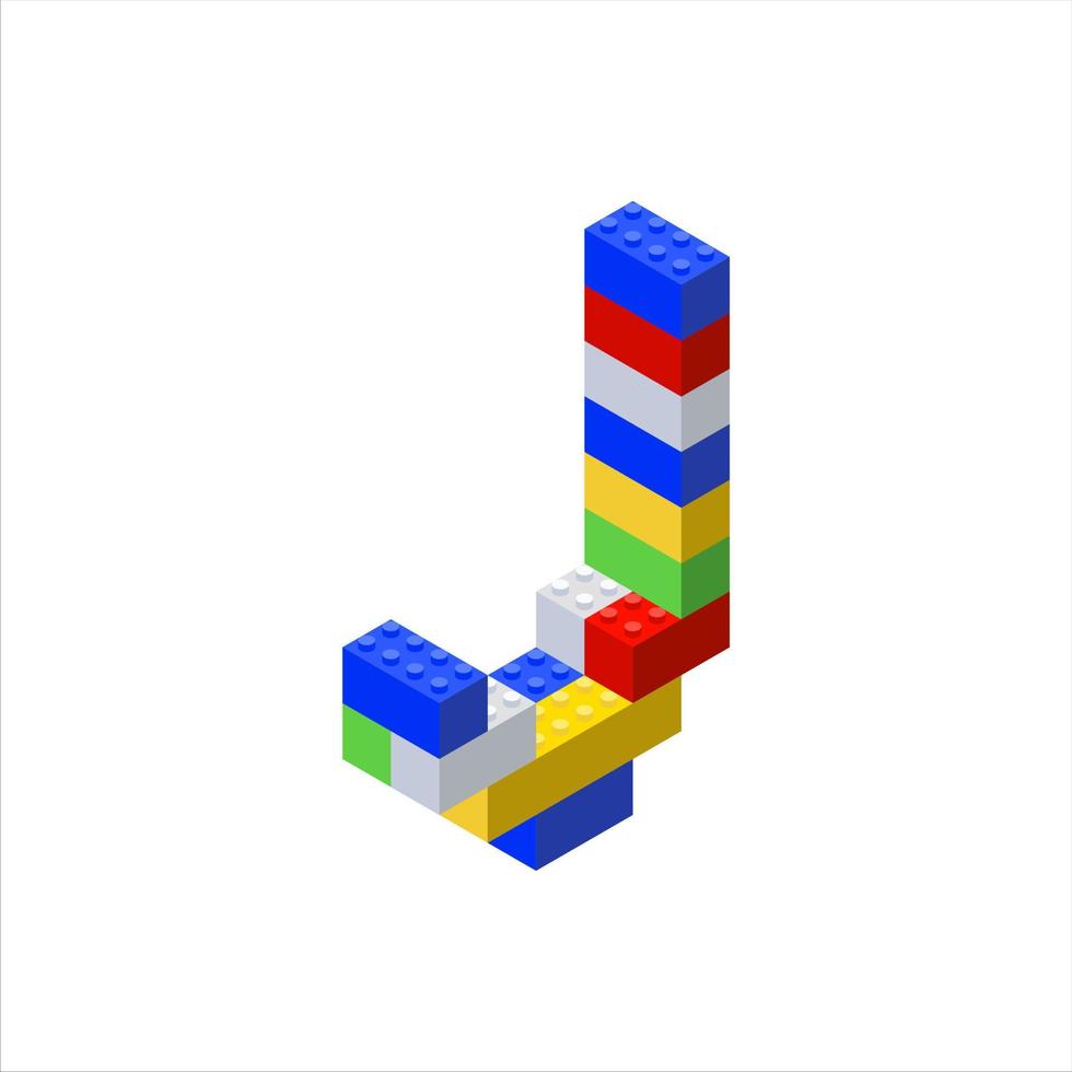 Isometric font made from color plastic blocks. The childrens designer. Letter J. Vector illustration