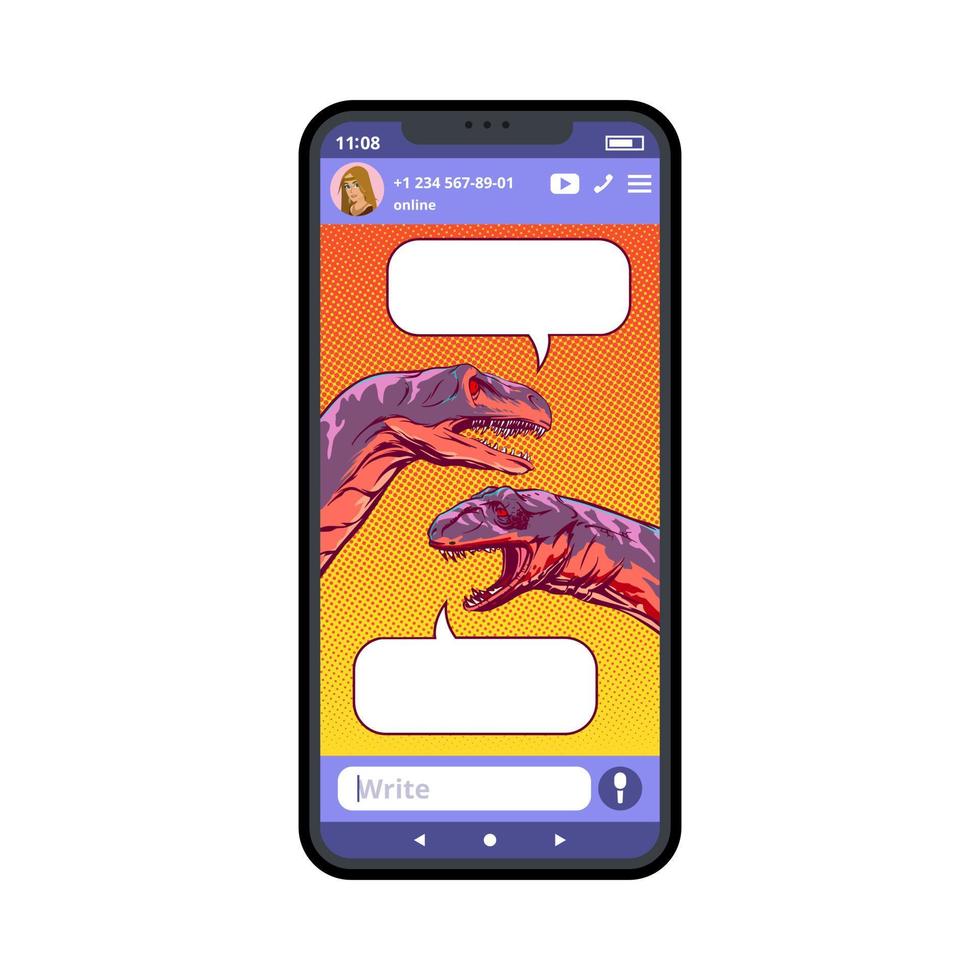 pantalla de smartphone con dinosaurios dibujados en diálogo. estilo de arte pop. ilustración vectorial vector