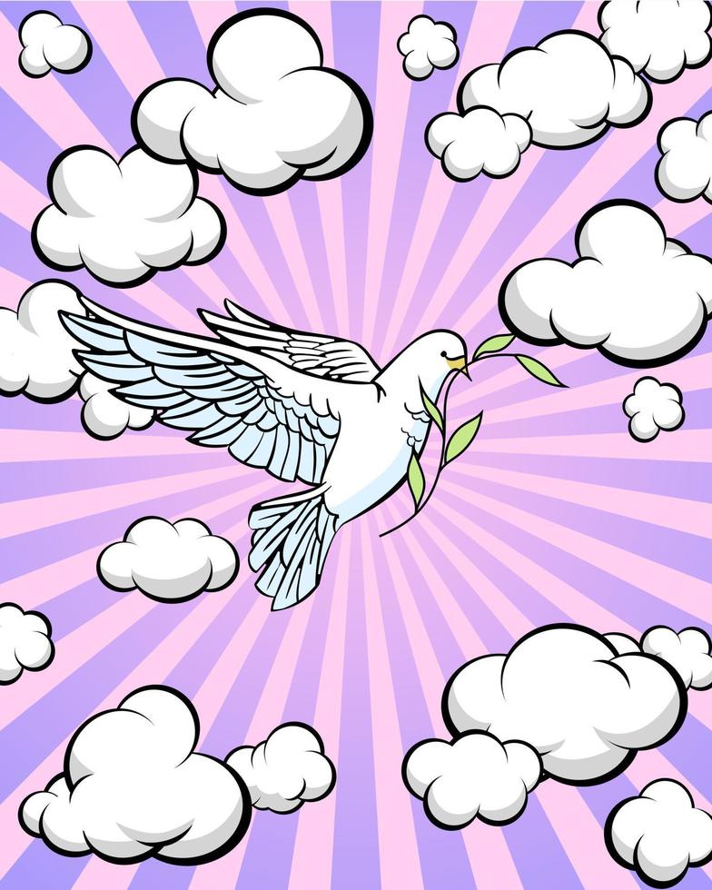 White dove against the sky. Olive branch. Bible story. Vector illustration.