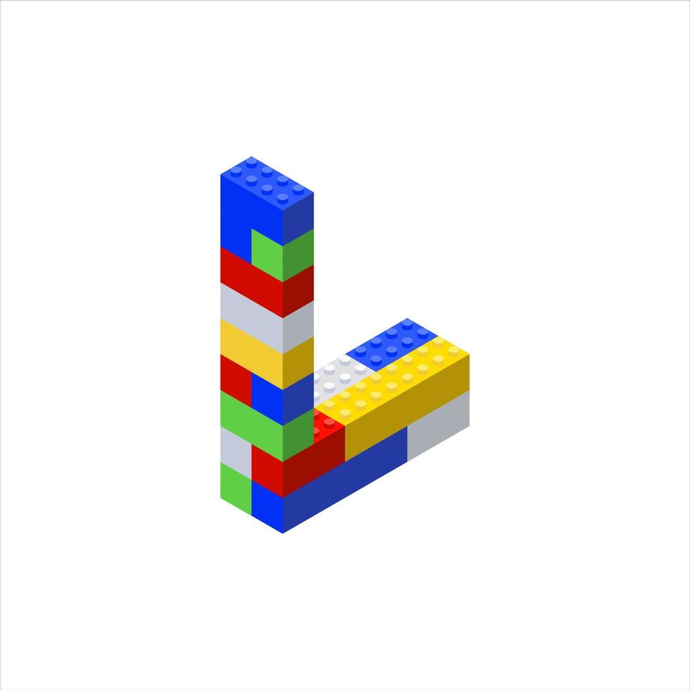 Isometric font made from color plastic blocks. The childrens designer. Letter L. Vector illustration