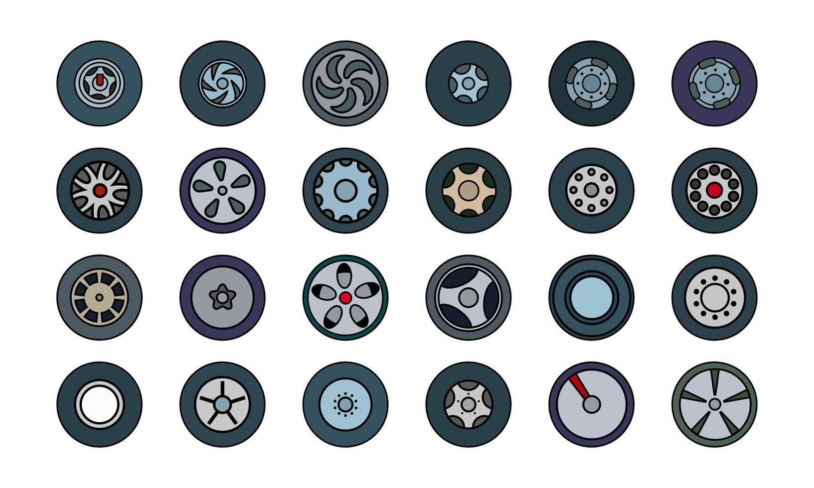 conjunto de iconos de colores de neumáticos y ruedas. estilo plano plano. ilustración vectorial vector