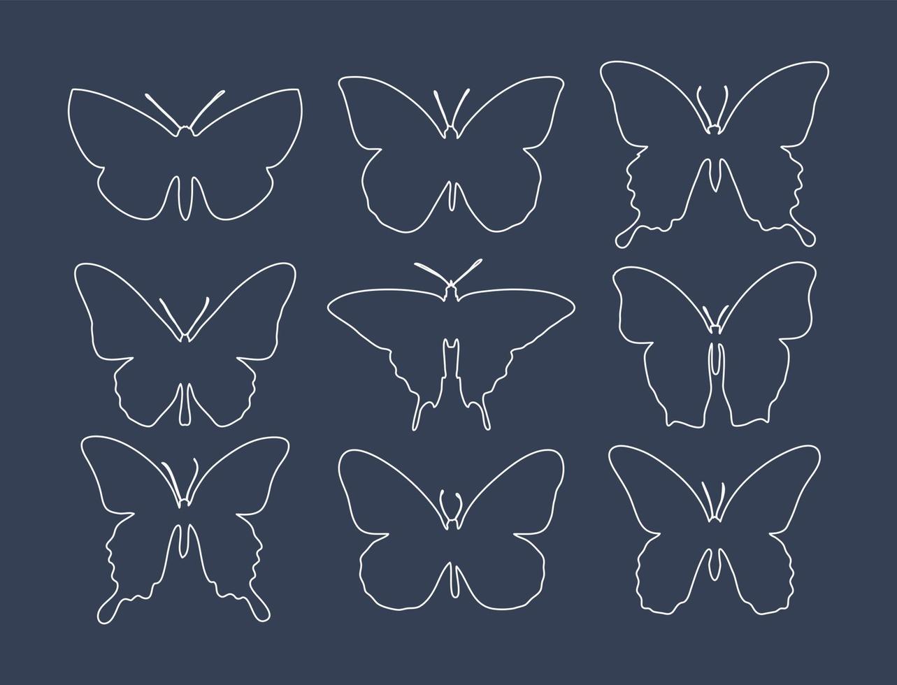 Set of different butterflies in line style for print and design. Vector illustration.