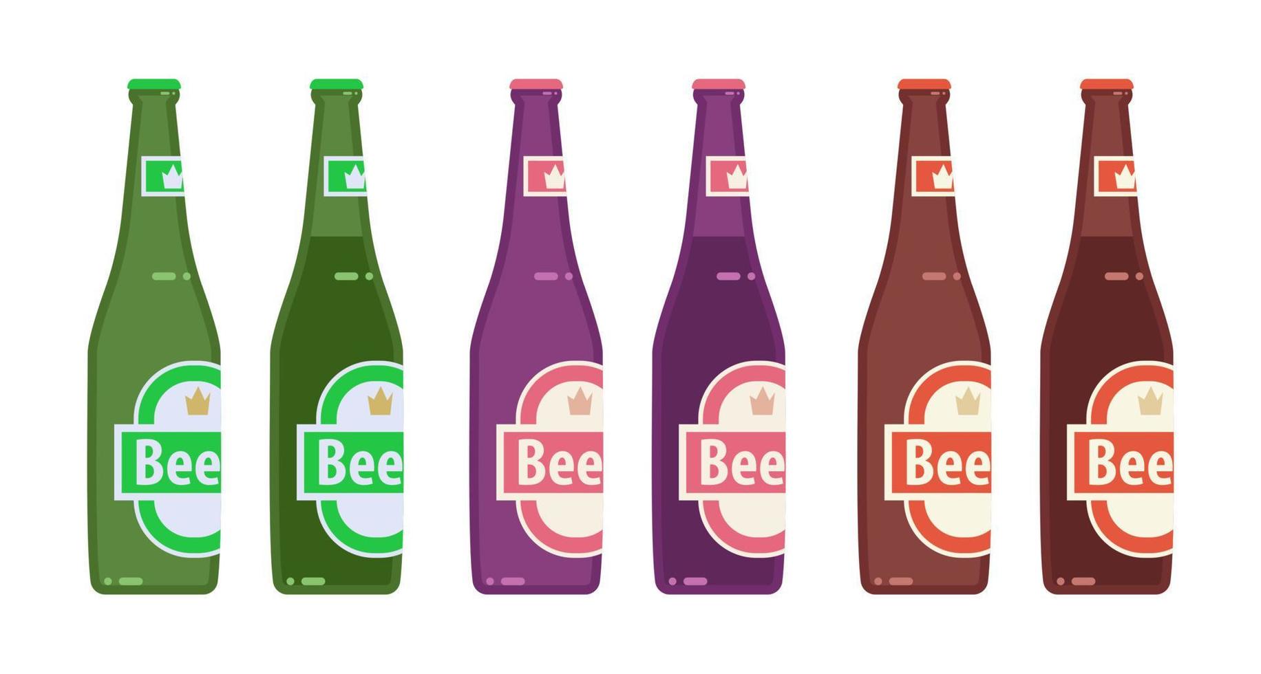 Set of flat style beer bottles isolated on white background for print and design. Vector illustration.